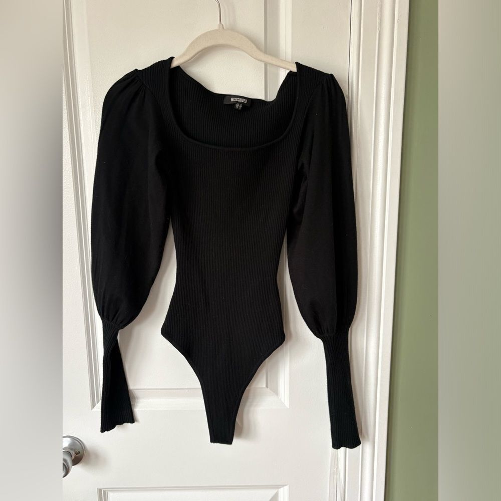 Missguided Black Ribbed  Puff Sleeve Bodysuit